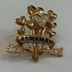 Vintage Avon 90s “#1 Maman” Heart Bouquet Lapel Pin Gold Tone Rhinestone Accent